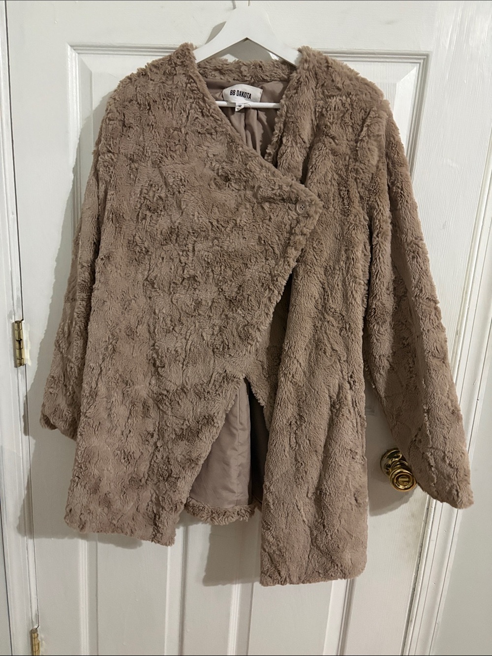 BB Dakota Taupe Plush Faux-Fur Wrap Coat